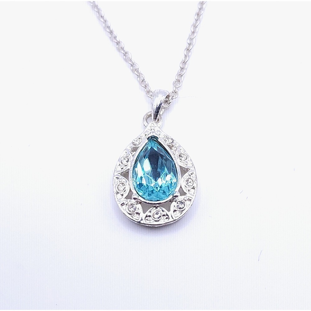 Aqua Teardrop Pendant Necklace Silver Tone Elegant Statement